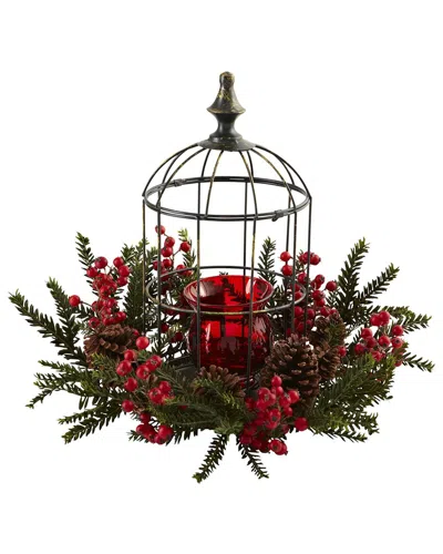 Nearly Natural Pine Berry Birdhouse Candelabrum In Green