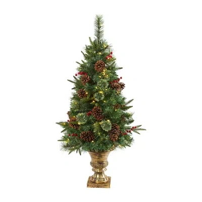Nearly Natural Pinecone And Berries Christmas In Decorative Urn 4 Foot Pre-lit Pine Christmas Tree In Green