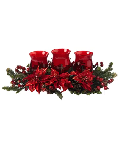 Nearly Natural Poinsettia & Berry Triple Candelabrum In Red