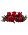 Nearly Natural Poinsettia & Berry Triple Candelabrum In Red