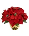 Nearly Natural Poinsettia Artificial Arrangement In Golden Vase In Red