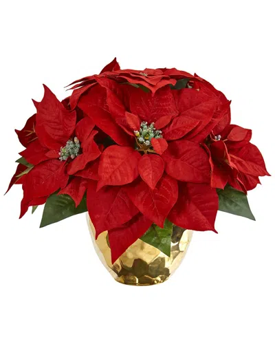 Nearly Natural Poinsettia Artificial Arrangement In Golden Vase In Red