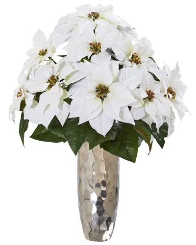 Nearly Natural Poinsettia Artificial Arrangement In Silver Cylinder Vase In White