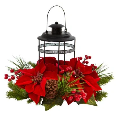 Nearly Natural Poinsettia Berry Pine Artificial Arrangement Candelabrum In Black