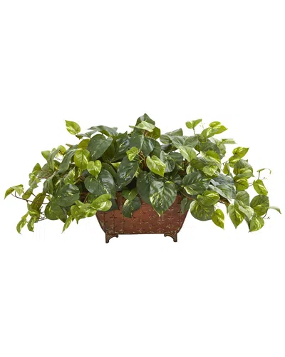 Nearly Natural Pothos Artificial Plant In Metal Planter In Green