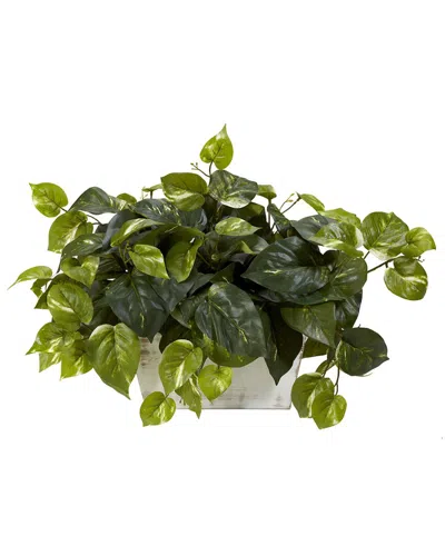 Nearly Natural Pothos With White Wash Planter Silk Plant In Green