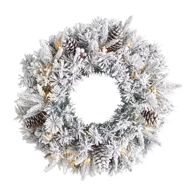 Nearly Natural 20in. Flocked Artificial Christmas Wreath With 35 Warm White Led Lights In Gray