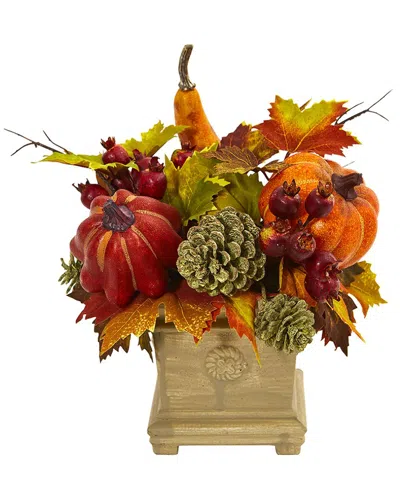 Nearly Natural Pumpkin Gourd Berry And Maple Leaf Artificial Ar In Multicolor