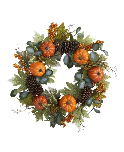 Nearly Natural Pumpkins, Pine Cones And Berries Fall Artificial Wreath In Green