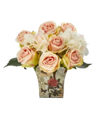 Nearly Natural Rose And Hydrangea Bouquet Artificial Arrangement In Floral Vase In Multi