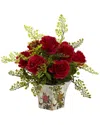 Nearly Natural Rose And Maiden Hair W/floral Planter In Red