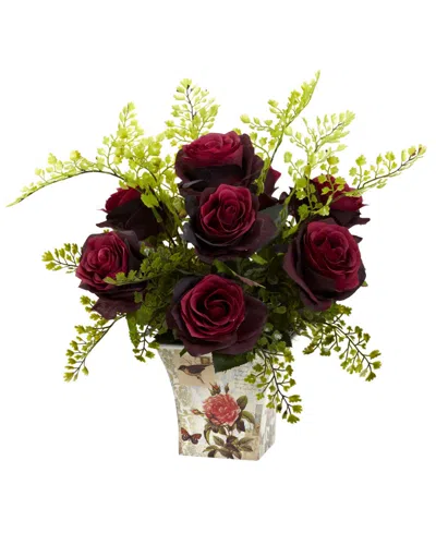Nearly Natural Rose And Maiden Hair W/floral Planter In Burgundy