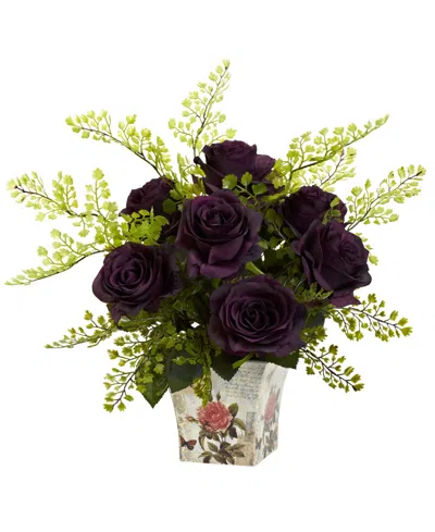 Nearly Natural Rose And Maiden Hair W/floral Planter In Purple