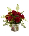 Nearly Natural Rose And Maiden Hair W/floral Planter In Red