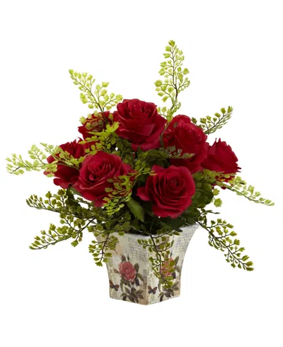 Nearly Natural Rose And Maiden Hair W/floral Planter In Red