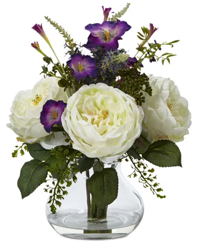 Nearly Natural Discontinued  Rose And Morning Glory Arrangement With Vase In White