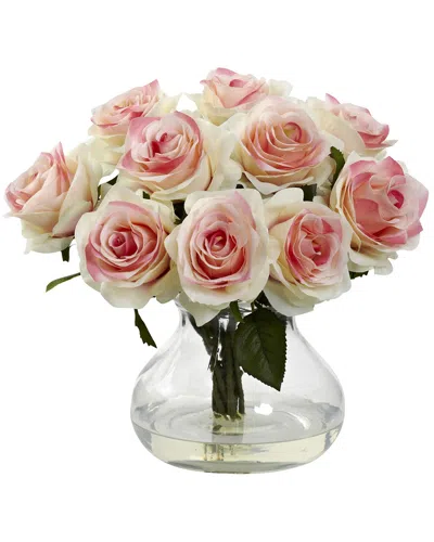Nearly Natural Pink Rose Artificial Arrangement With Vase