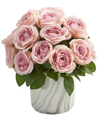 Nearly Natural Rose Artificial Arrangement In Marble Finish Vase In Pink