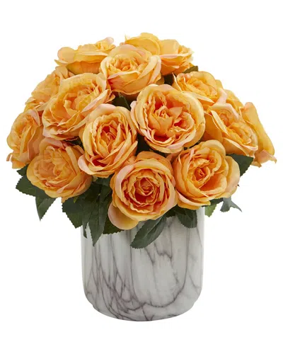 Nearly Natural Rose Artificial Floral Arrangement In Glass Vase In Yellow