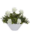 Nearly Natural Roses & Eucalyptus Artificial Arrangement In White Vase In White