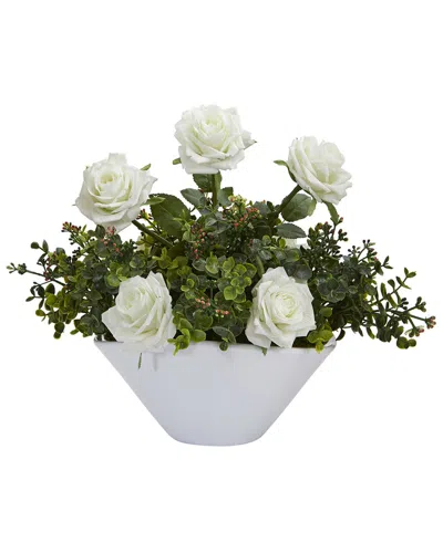 Nearly Natural Roses & Eucalyptus Artificial Arrangement In White Vase