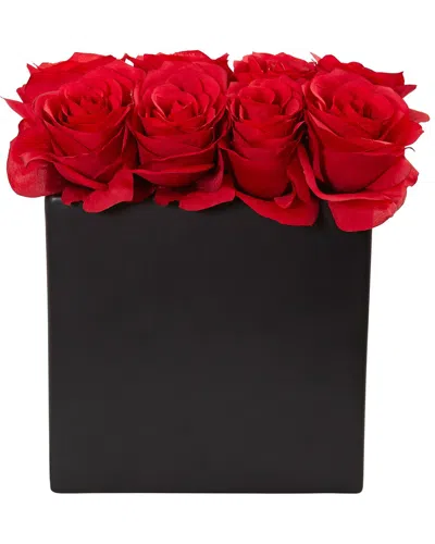 Nearly Natural Roses Silk Arrangement In 9in H Black Vase In Red