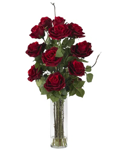 Nearly Natural Roses With Cylinder Vase Silk Flower Arrangement In Red