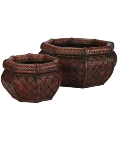 Nearly Natural Rounded Octagon Decorative Planters - Set Of 2 In Brown