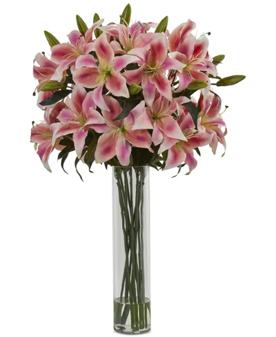 Nearly Natural Rubrum Lily Artificial Arrangement In Cylinder Vase In Pink