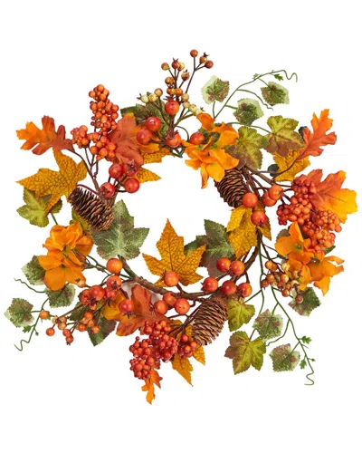 Nearly Natural Set Of 2 6.5in. Autumn Hydrangea & Pinecones Artificial Wreath In Orange