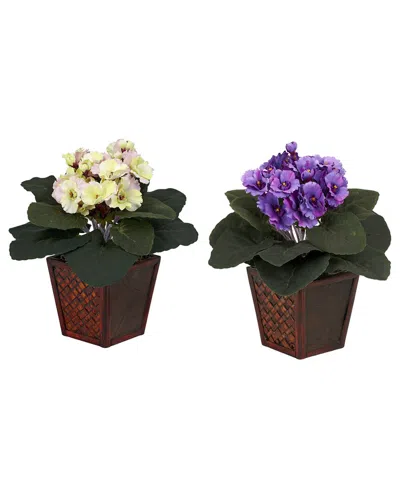 Nearly Natural Set Of 2 African Violet Silk Plants With Vase In Purple
