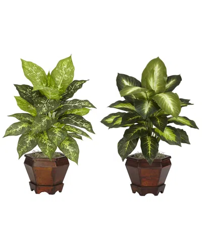 NEARLY NATURAL NEARLY NATURAL SET OF 2 DIEFFENBACHIA SILK PLANTS WITH WOOD VASE