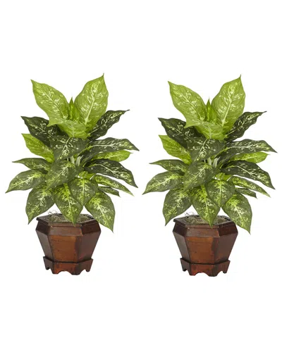 Nearly Natural Dieffenbachia W/wood Vase Silk Plant, Set Of 2 In Green