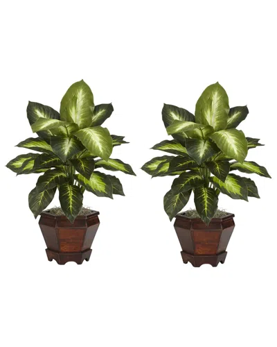 Nearly Natural Set Of 2 Dieffenbachia Silk Plants With Wood Vase In Golden