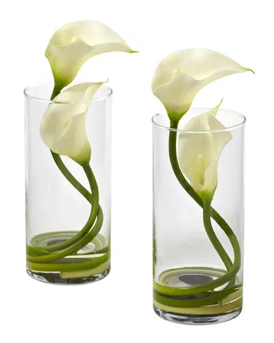 Nearly Natural Double Calla Lily W/ Cylinder, Set Of 2 In Cream