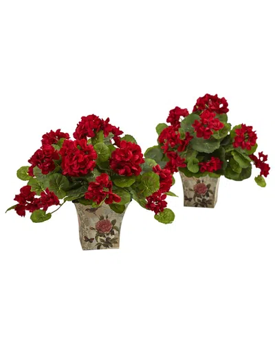 Nearly Natural Set Of 2 Geranium Flowering Silk Plants With Floral Planter In Red