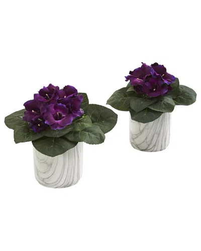 Nearly Natural Set Of 2 Gloxinia Artificial Plants In Marble Finished Vase In Purple