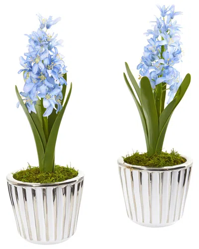 Nearly Natural Set Of 2 Hyacinth Artificial Arrangements In White Vase With Silver Trimming In Blue