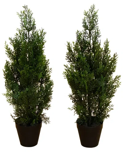 Nearly Natural Set Of 2 Indoor/outdoor Uv-resistant 2ft Artificial Cedar Pine Trees In Green
