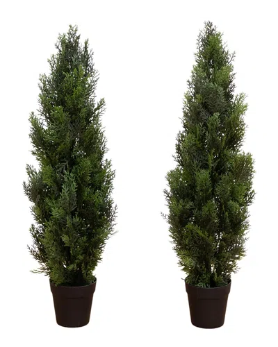 Nearly Natural Set Of 2 Indoor/outdoor Uv-resistant 3ft Artificial Cedar Pine Trees In Green