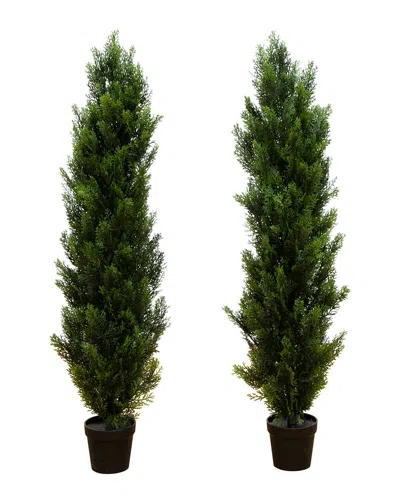 Nearly Natural Set Of 2 Indoor/outdoor Uv-resistant 4ft Artificial Topiary Cedar Trees In Green