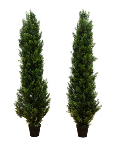 Nearly Natural Set Of 2 Indoor/outdoor Uv-resistant 5ft Artificial Topiary Cedar Trees In Green
