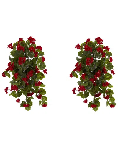 Nearly Natural Set Of 2 Indoor/outdoor Uv-resistant Geranium Artificial Hanging Plants In Red