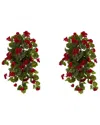 Nearly Natural Set Of 2 Indoor/outdoor Uv-resistant Geranium Artificial Hanging Plants In Red