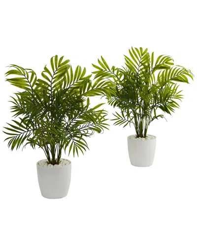 Nearly Natural Set Of 2 Palms Artificial Plants N White Planter In Green