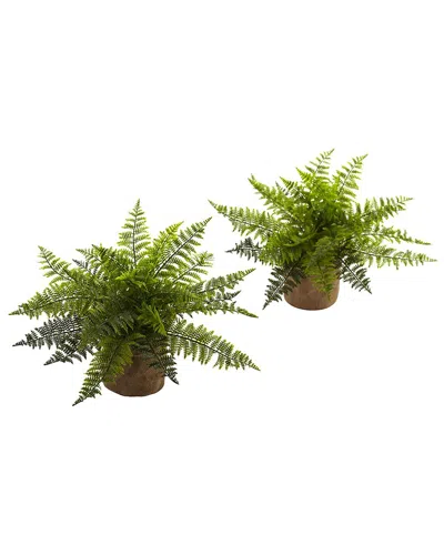 Nearly Natural 15" Ruffle Fern Bush W/burlap Base, Set Of 2 In Green