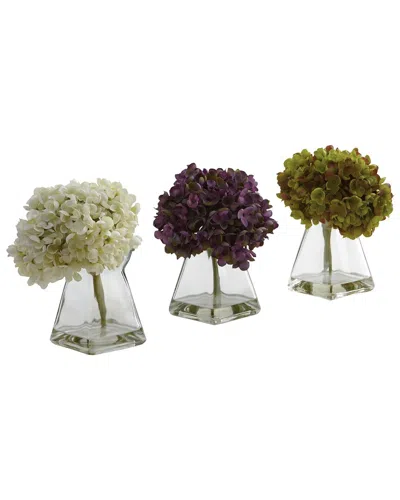 Nearly Natural Set Of 3 Hydrangeas With Vase In White
