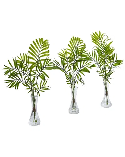 Nearly Natural Set Of 3 Mini Palm Artificial Plants In Vase In Green