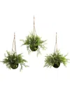 Nearly Natural Set Of 3 Mini Ruscus, Sedum & Sperengeri Hanging Baskets