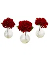 Nearly Natural Set Of 3 Red Hydrangeas With Glass Vase In Green